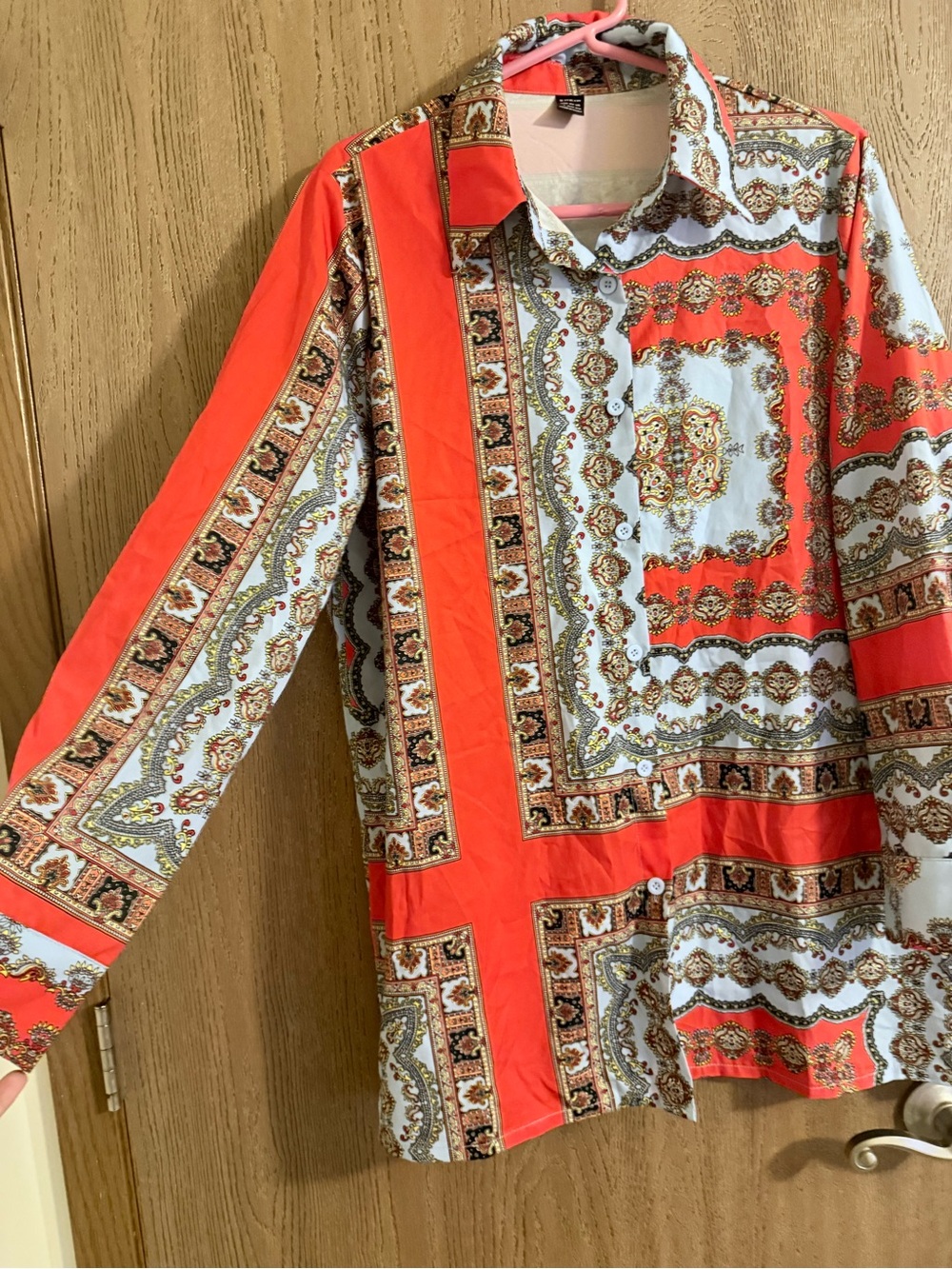 SHEIN Orange and White Baroque Print Button-Up Blouse